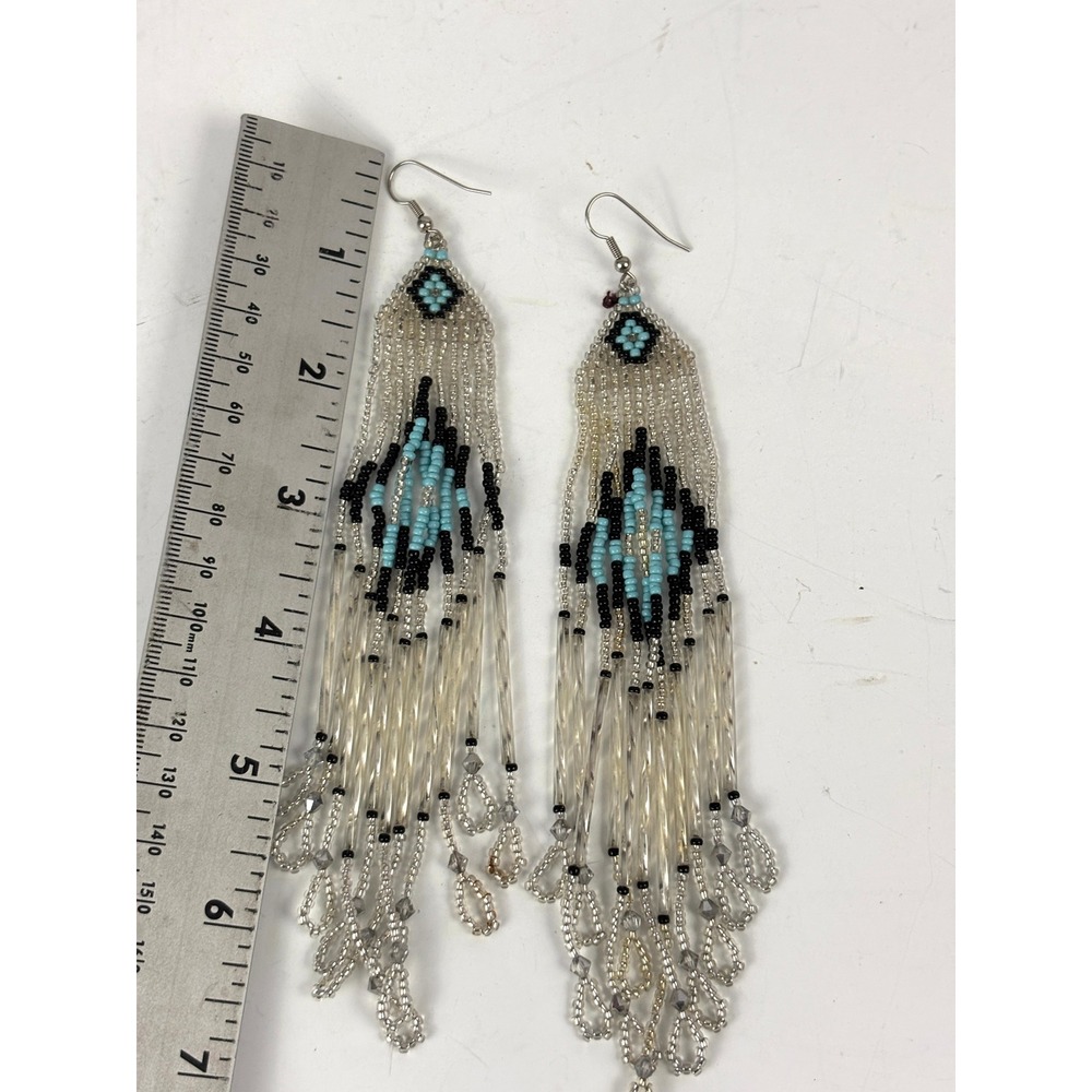 Vintage Beaded Fringe Statement Earrings Turquoise Black White Dangles Handmade - Picture 6 of 12